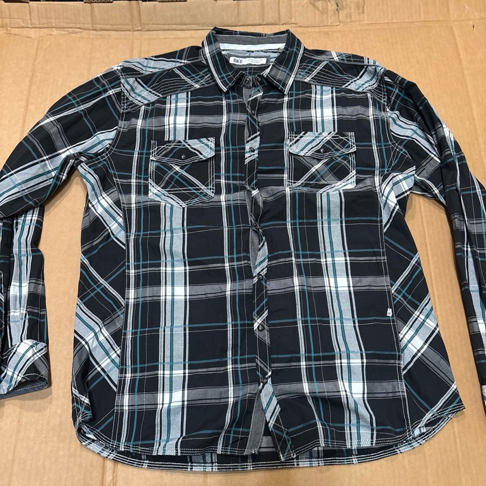 BKE Shirt Mens 2XL  Black White Plaid Western Pearl Snap Long Slv Athletic Fit